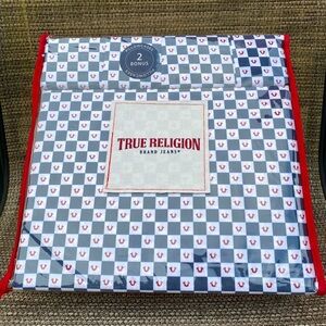 True Religion Blue Red White Plaid Polyester QUEEN Sheet Set 6pc